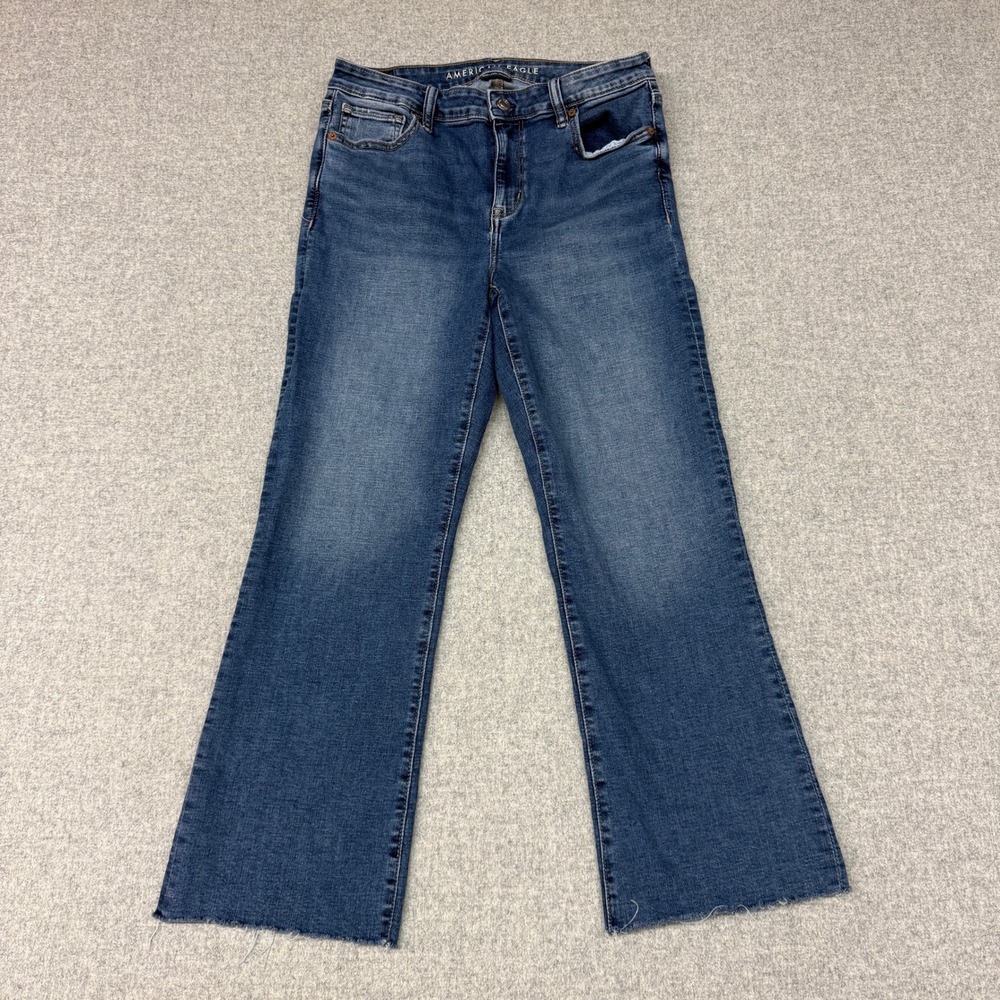 American Eagle Flare Jeans 10 Regular Blue Next Level Stretch Raw Hem High Rise